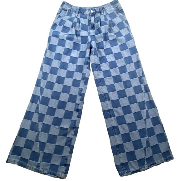 Patchwork Wide Leg Jeans Womens 10 Checkerboard Denim Streetwear Y2K 90s Retro - Picture 1 of 10